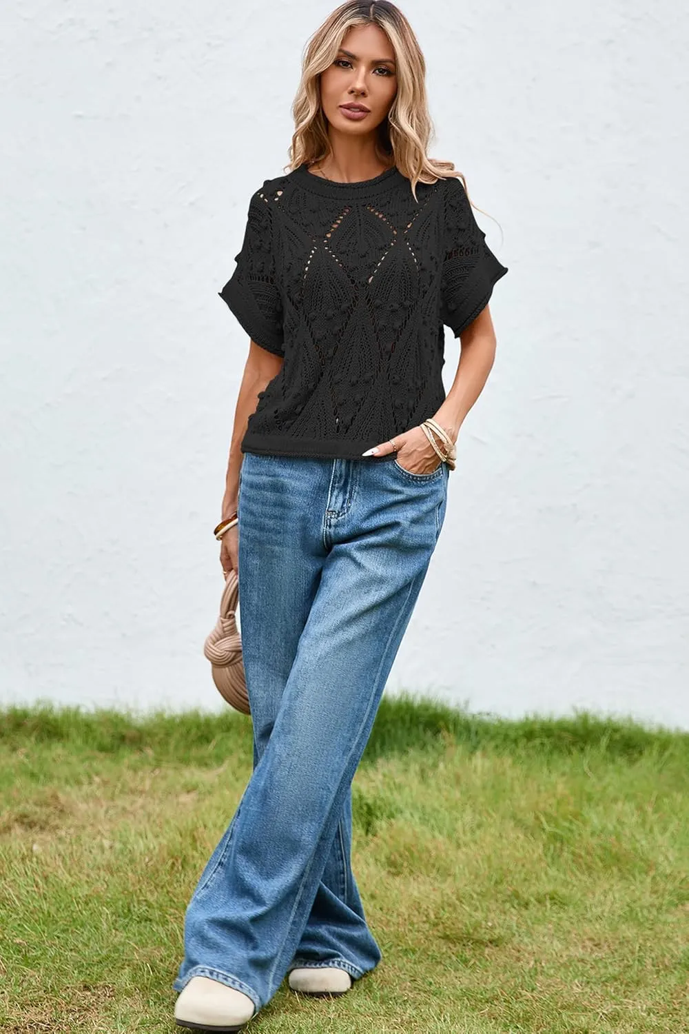 Cakulo Womens Summer Short Sleeve Crop Boho Tops Crochet Lightweight Sweaters 2025 Knit Top Casual Blouses