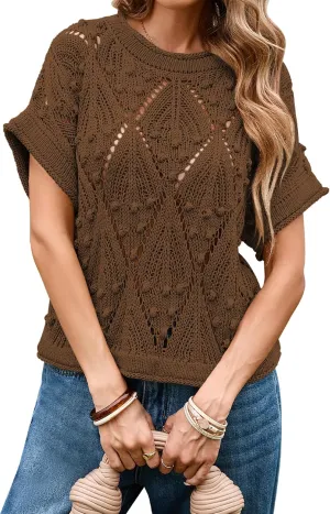 Cakulo Womens Summer Short Sleeve Crop Boho Tops Crochet Lightweight Sweaters 2025 Knit Top Casual Blouses