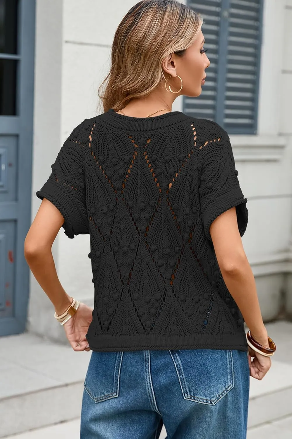 Cakulo Womens Summer Short Sleeve Crop Boho Tops Crochet Lightweight Sweaters 2025 Knit Top Casual Blouses