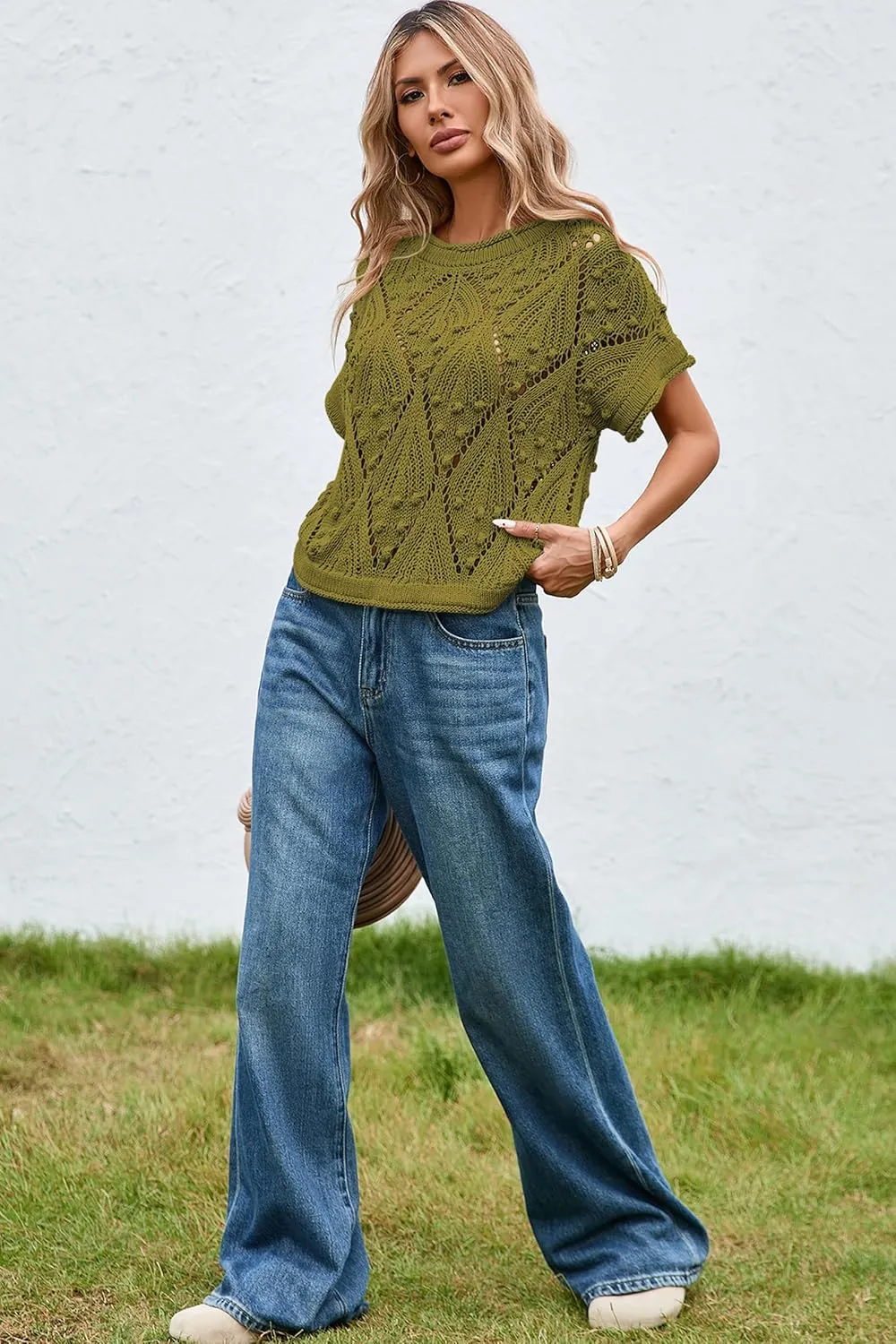 Cakulo Womens Summer Short Sleeve Crop Boho Tops Crochet Lightweight Sweaters 2025 Knit Top Casual Blouses