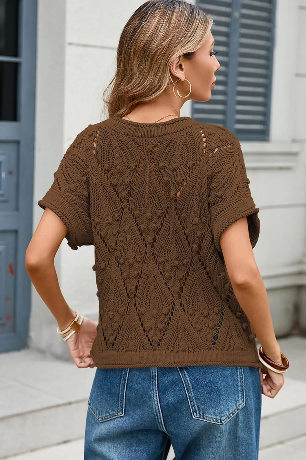 Cakulo Womens Summer Short Sleeve Crop Boho Tops Crochet Lightweight Sweaters 2025 Knit Top Casual Blouses