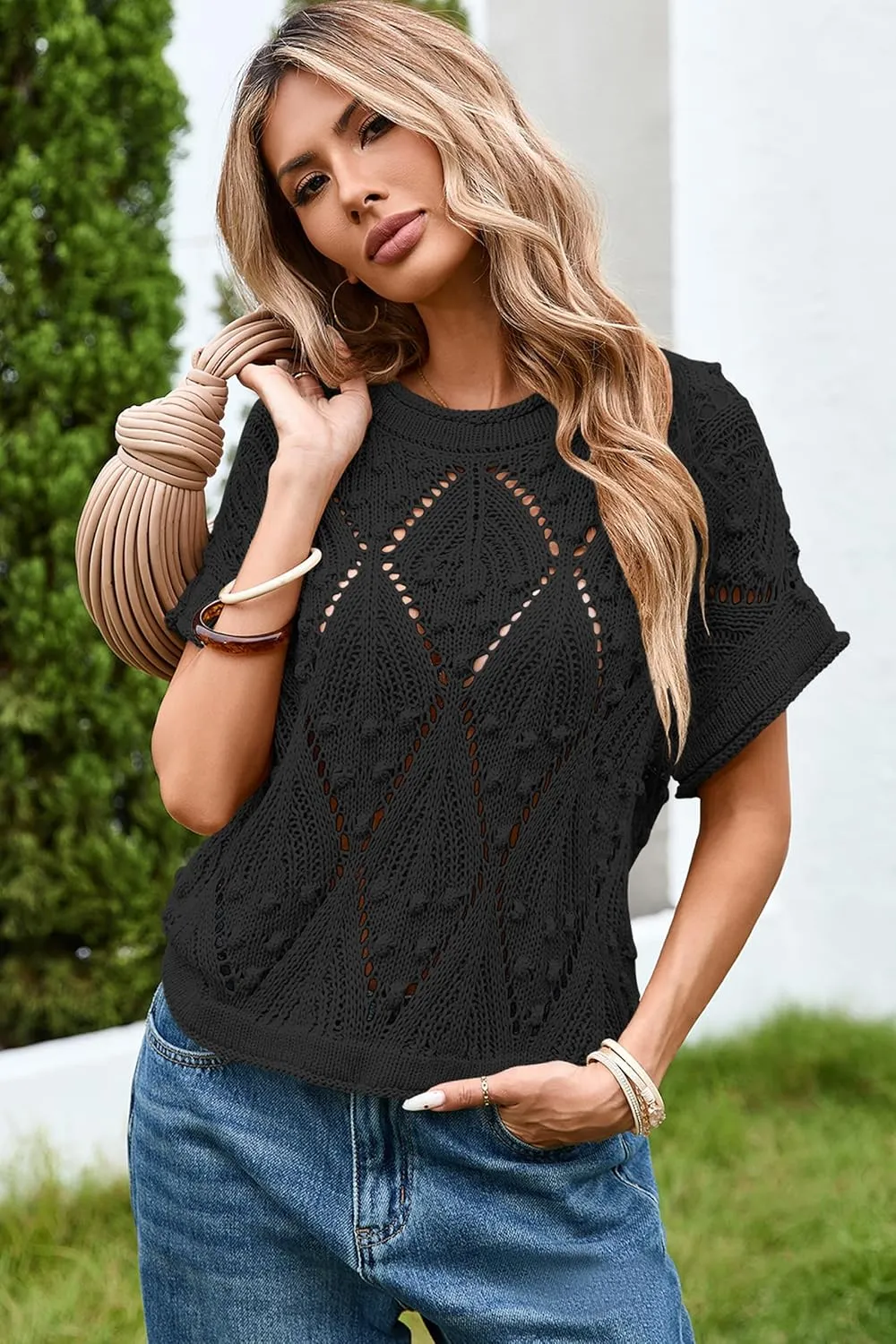 Cakulo Womens Summer Short Sleeve Crop Boho Tops Crochet Lightweight Sweaters 2025 Knit Top Casual Blouses