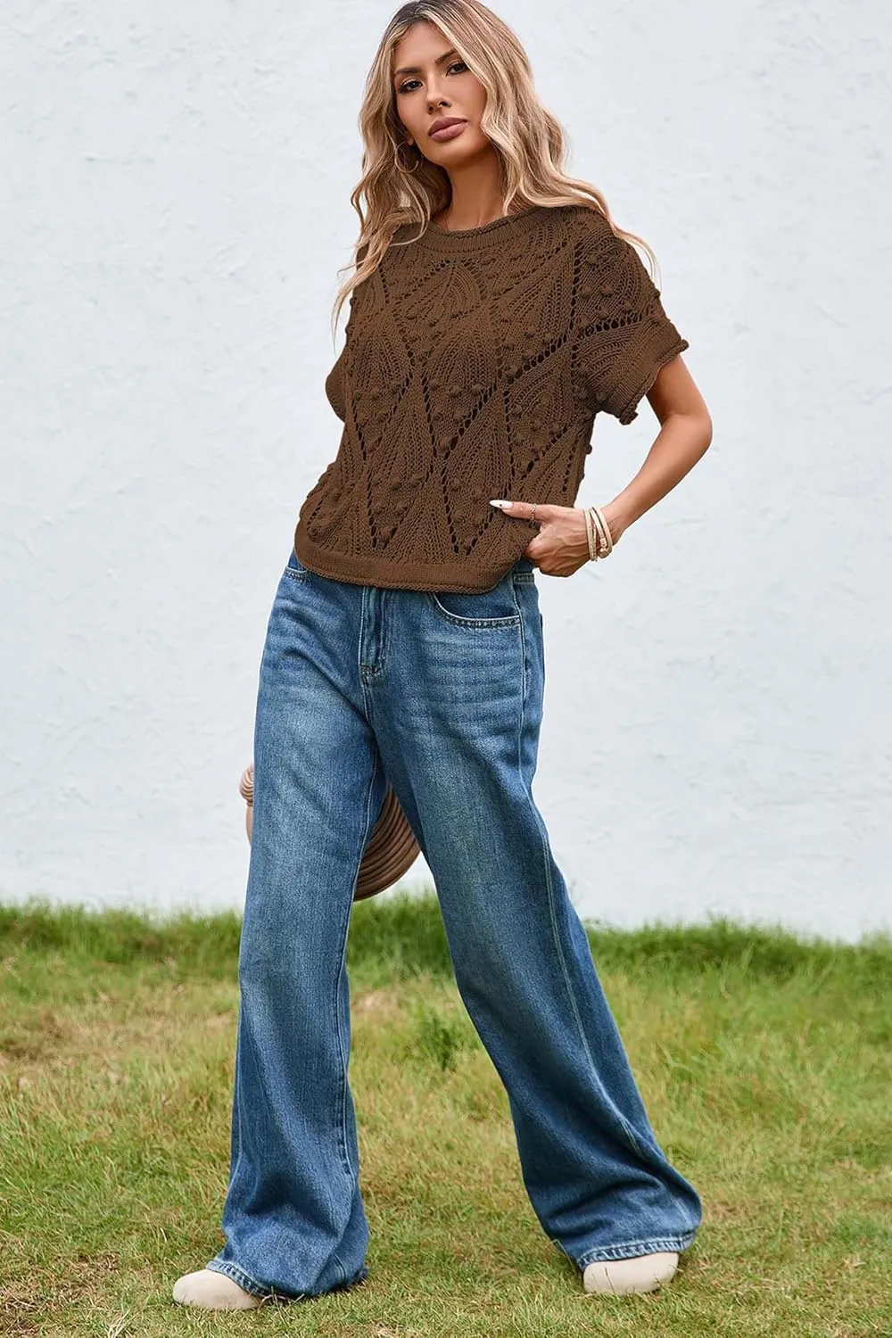 Cakulo Womens Summer Short Sleeve Crop Boho Tops Crochet Lightweight Sweaters 2025 Knit Top Casual Blouses