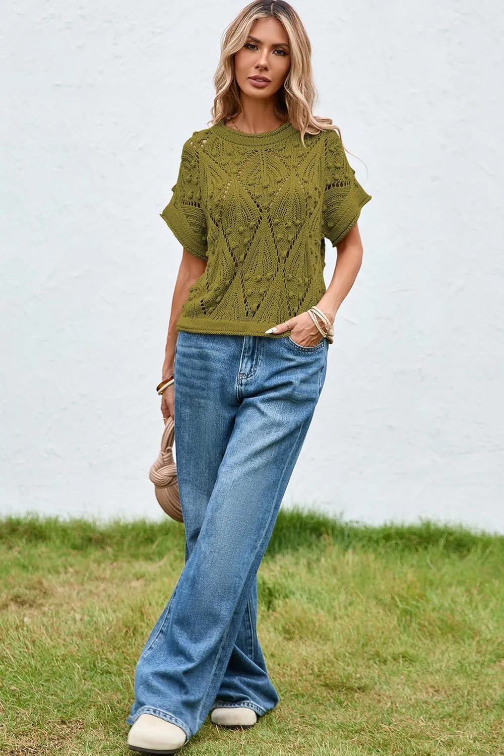 Cakulo Womens Summer Short Sleeve Crop Boho Tops Crochet Lightweight Sweaters 2025 Knit Top Casual Blouses