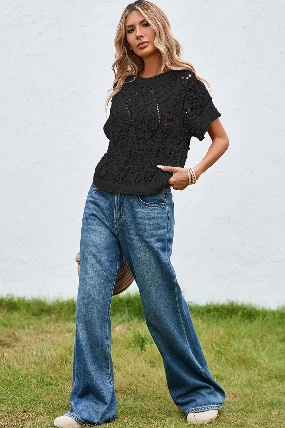 Cakulo Womens Summer Short Sleeve Crop Boho Tops Crochet Lightweight Sweaters 2025 Knit Top Casual Blouses