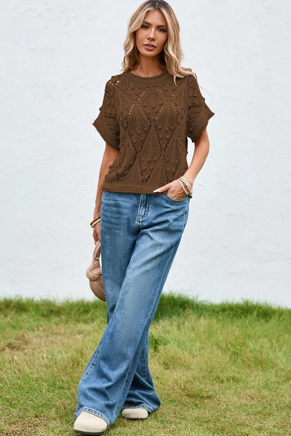 Cakulo Womens Summer Short Sleeve Crop Boho Tops Crochet Lightweight Sweaters 2025 Knit Top Casual Blouses