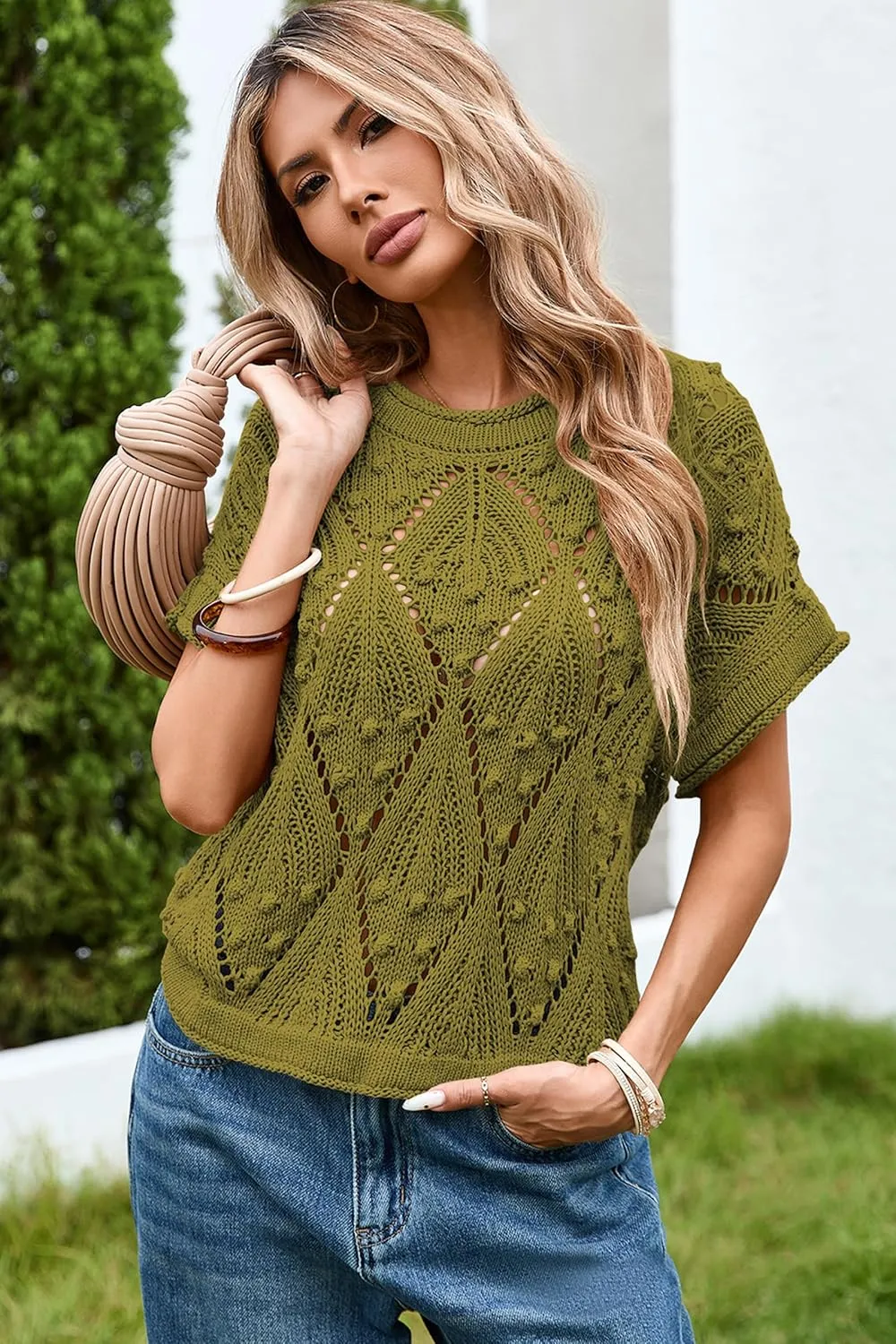 Cakulo Womens Summer Short Sleeve Crop Boho Tops Crochet Lightweight Sweaters 2025 Knit Top Casual Blouses