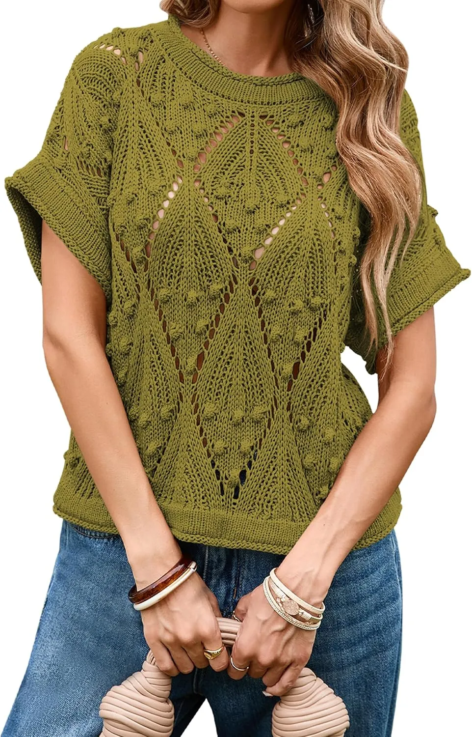 Cakulo Womens Summer Short Sleeve Crop Boho Tops Crochet Lightweight Sweaters 2025 Knit Top Casual Blouses