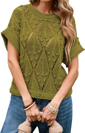 Cakulo Womens Summer Short Sleeve Crop Boho Tops Crochet Lightweight Sweaters 2025 Knit Top Casual Blouses