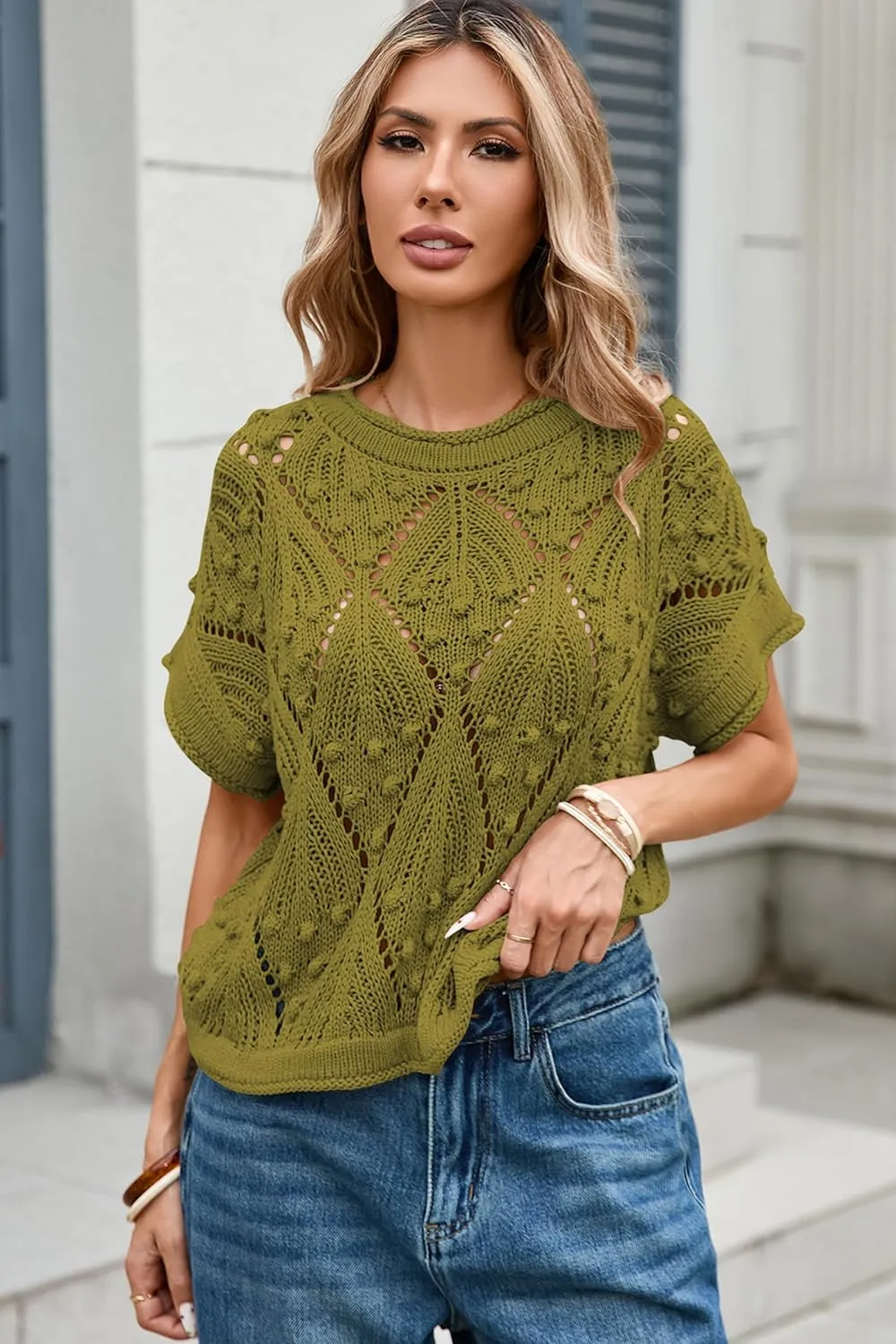 Cakulo Womens Summer Short Sleeve Crop Boho Tops Crochet Lightweight Sweaters 2025 Knit Top Casual Blouses