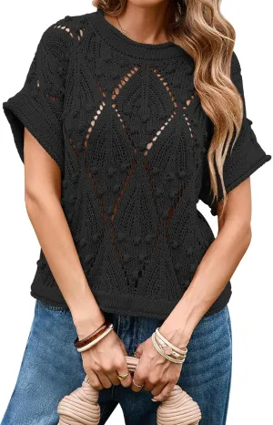 Cakulo Womens Summer Short Sleeve Crop Boho Tops Crochet Lightweight Sweaters 2025 Knit Top Casual Blouses
