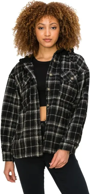 Cali1850 Women Plaid Flannel Oversize Hoodie Long Sleeve Shacket Button Down Casual Boyfriend Jacket