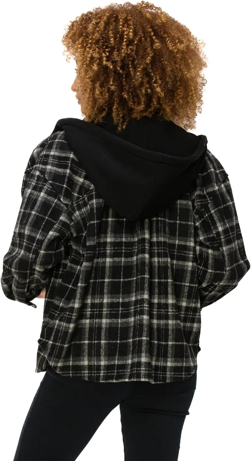 Cali1850 Women Plaid Flannel Oversize Hoodie Long Sleeve Shacket Button Down Casual Boyfriend Jacket