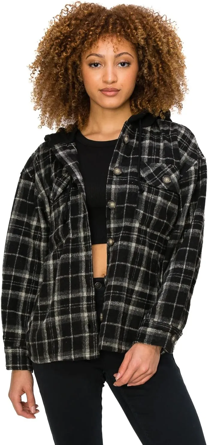 Cali1850 Women Plaid Flannel Oversize Hoodie Long Sleeve Shacket Button Down Casual Boyfriend Jacket