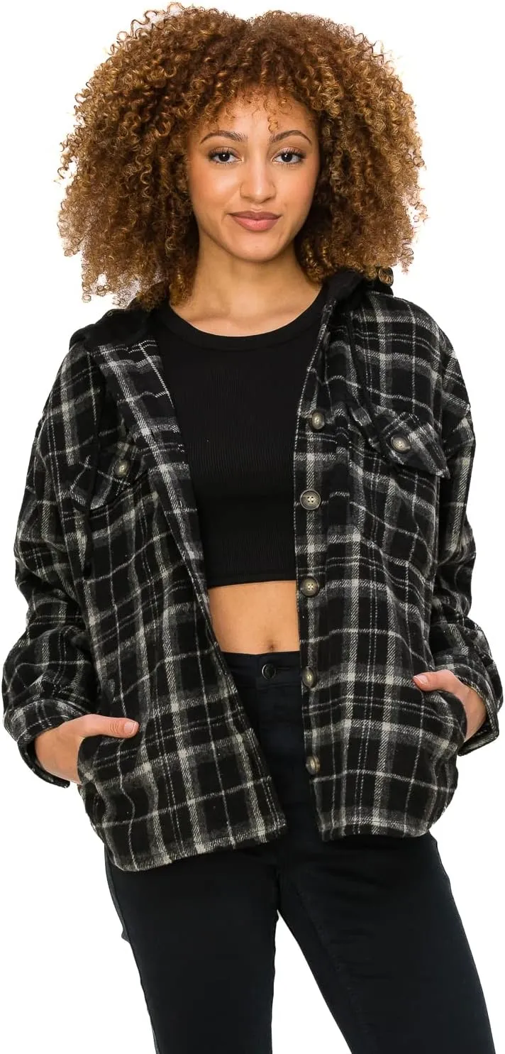 Cali1850 Women Plaid Flannel Oversize Hoodie Long Sleeve Shacket Button Down Casual Boyfriend Jacket