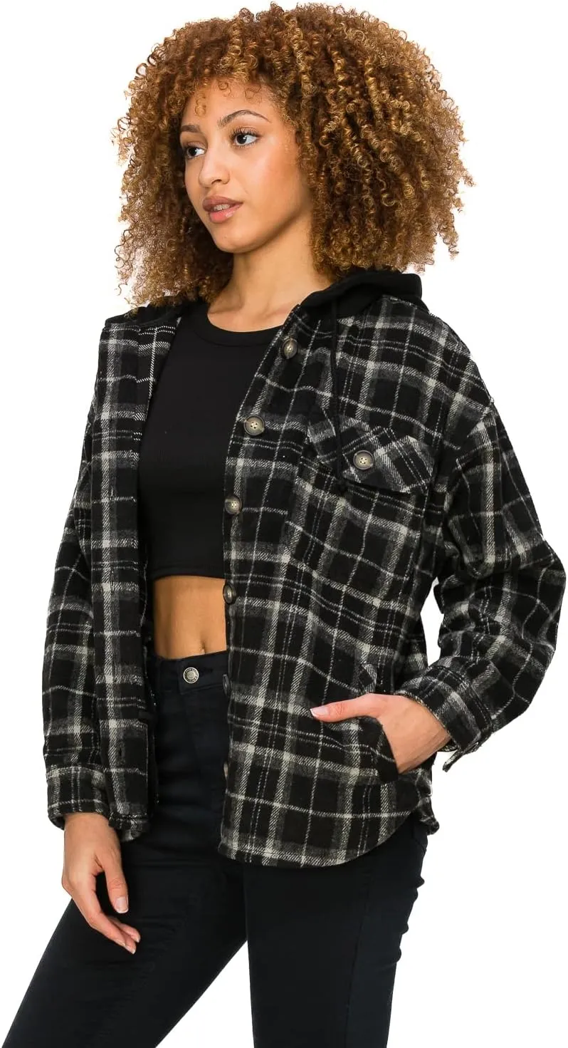 Cali1850 Women Plaid Flannel Oversize Hoodie Long Sleeve Shacket Button Down Casual Boyfriend Jacket