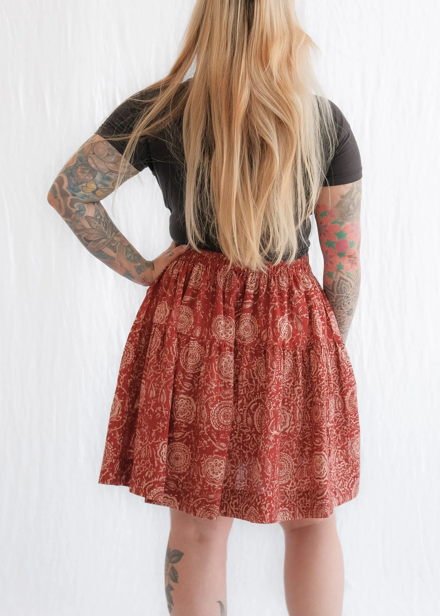 Calico Skirt - Organic Cotton Block Print - Kalamkari Blossoms