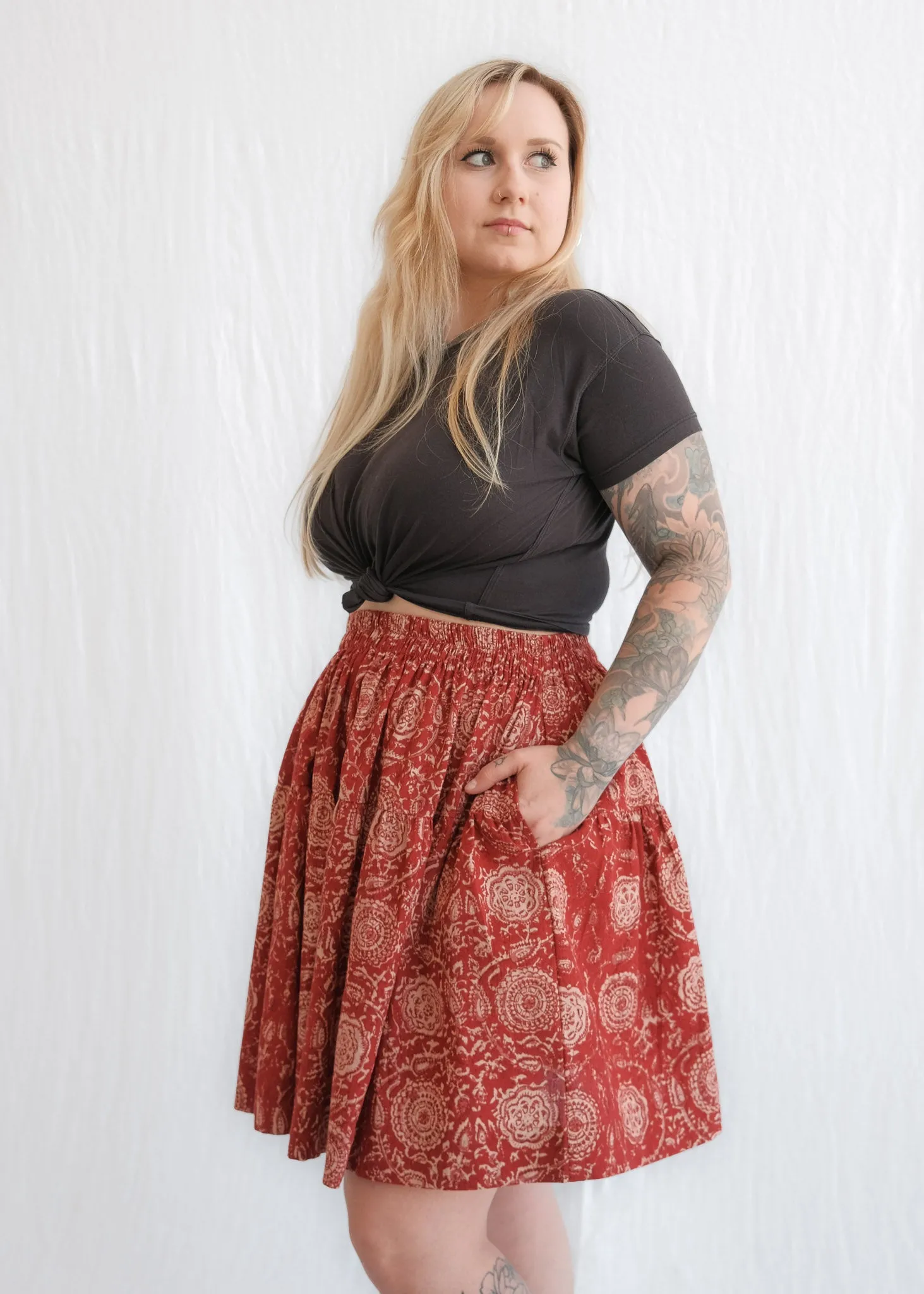 Calico Skirt - Organic Cotton Block Print - Kalamkari Blossoms