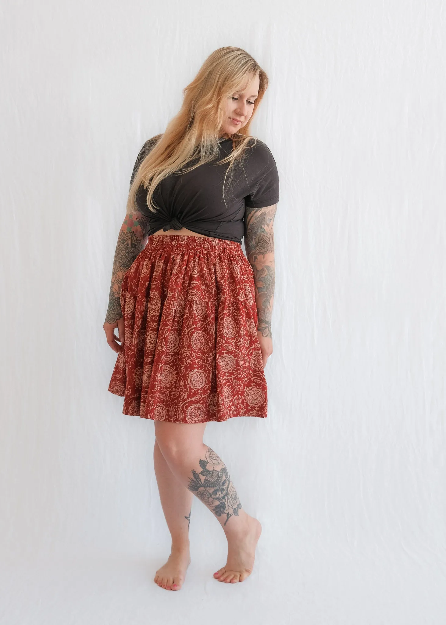 Calico Skirt - Organic Cotton Block Print - Kalamkari Blossoms