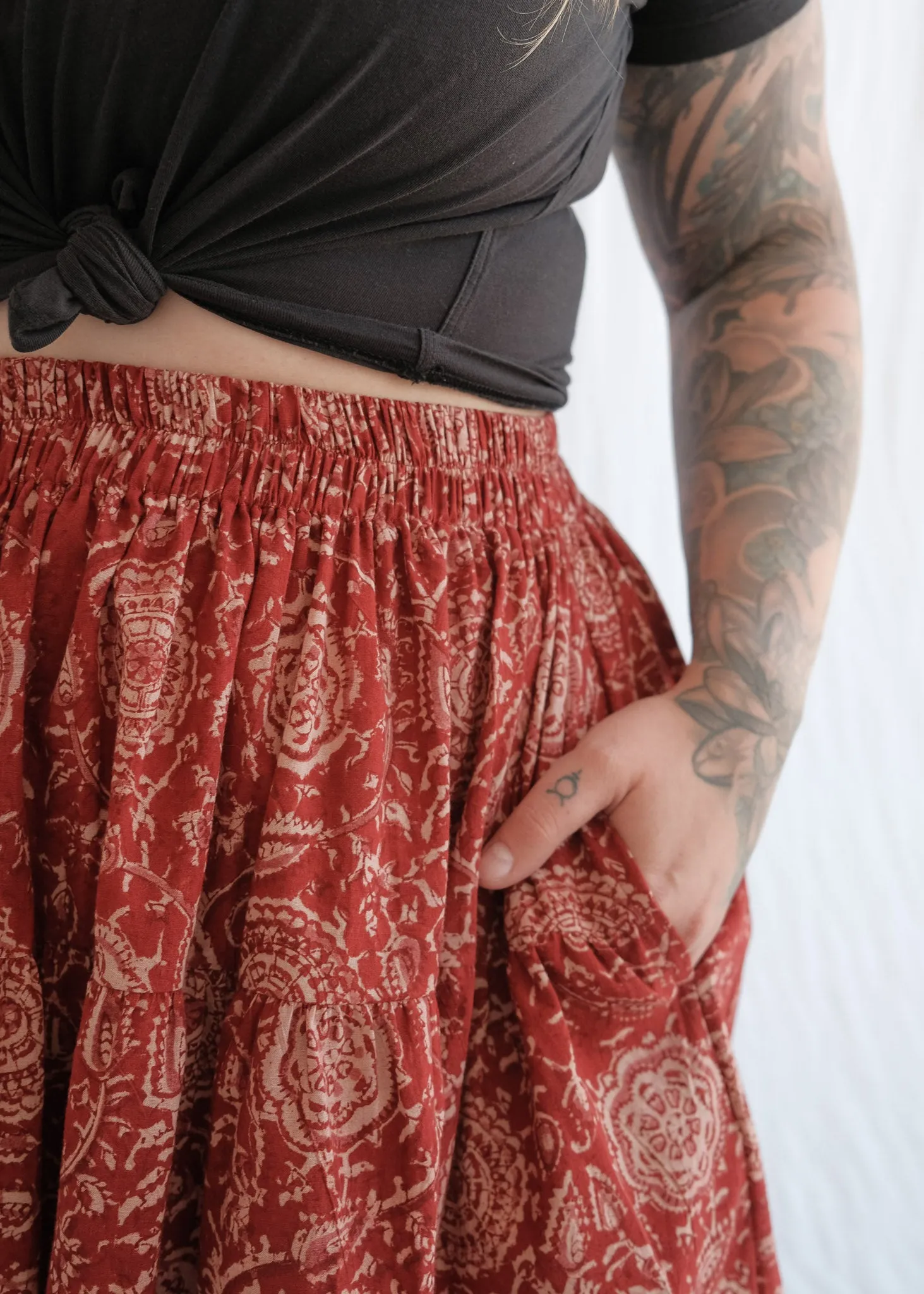 Calico Skirt - Organic Cotton Block Print - Kalamkari Blossoms