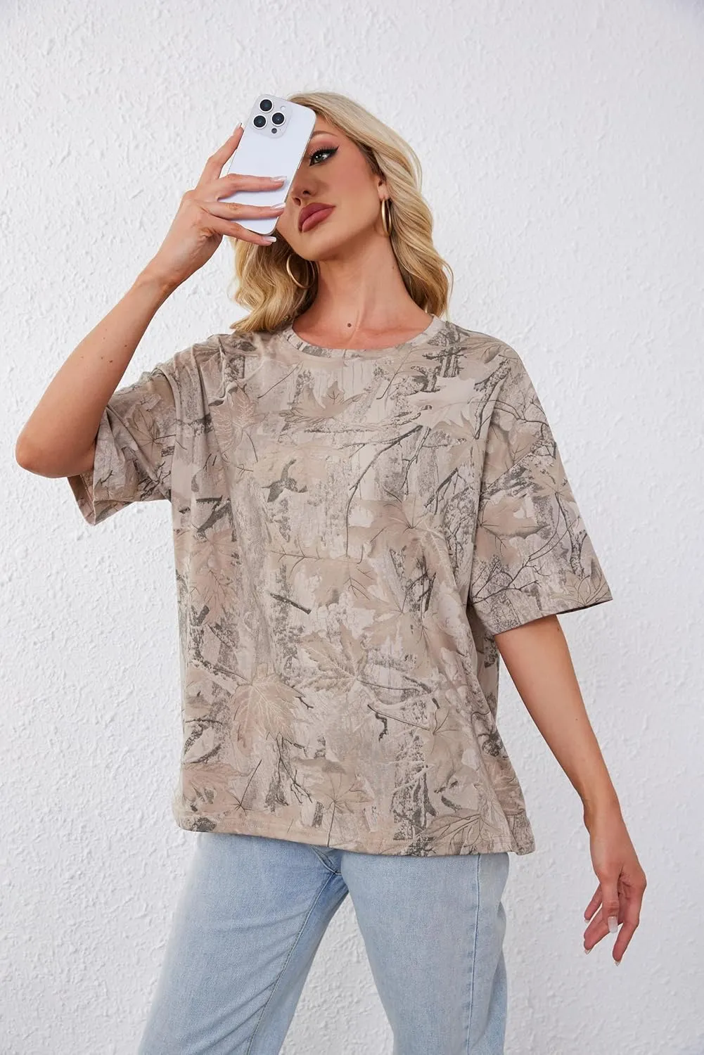 Camo Shirt Women Men Oversized Maple Leaf T Shirts Graphic Baggy Shirts Tops Crewneck Short Sleeve Tees Streetwear