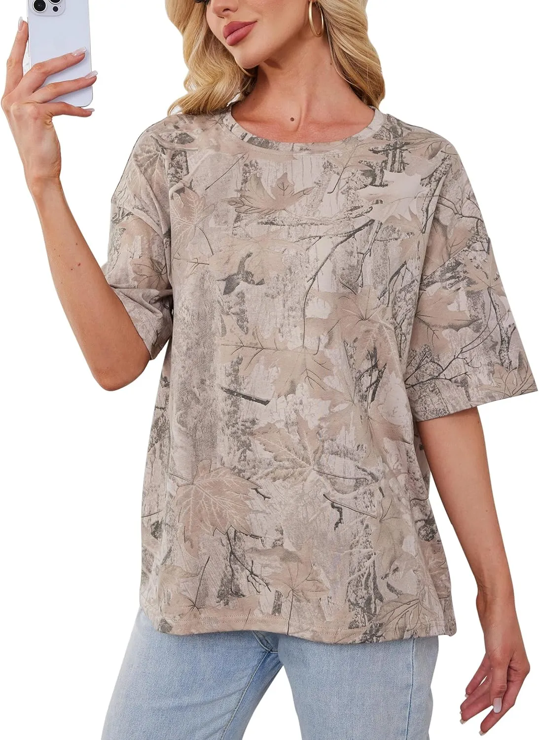 Camo Shirt Women Men Oversized Maple Leaf T Shirts Graphic Baggy Shirts Tops Crewneck Short Sleeve Tees Streetwear