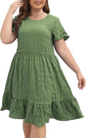 Celkuser Plus Size A-Line Casual Midi Dress for Curvy Women Round Neck Elastic Waist Swing Dress with Pockets Summer