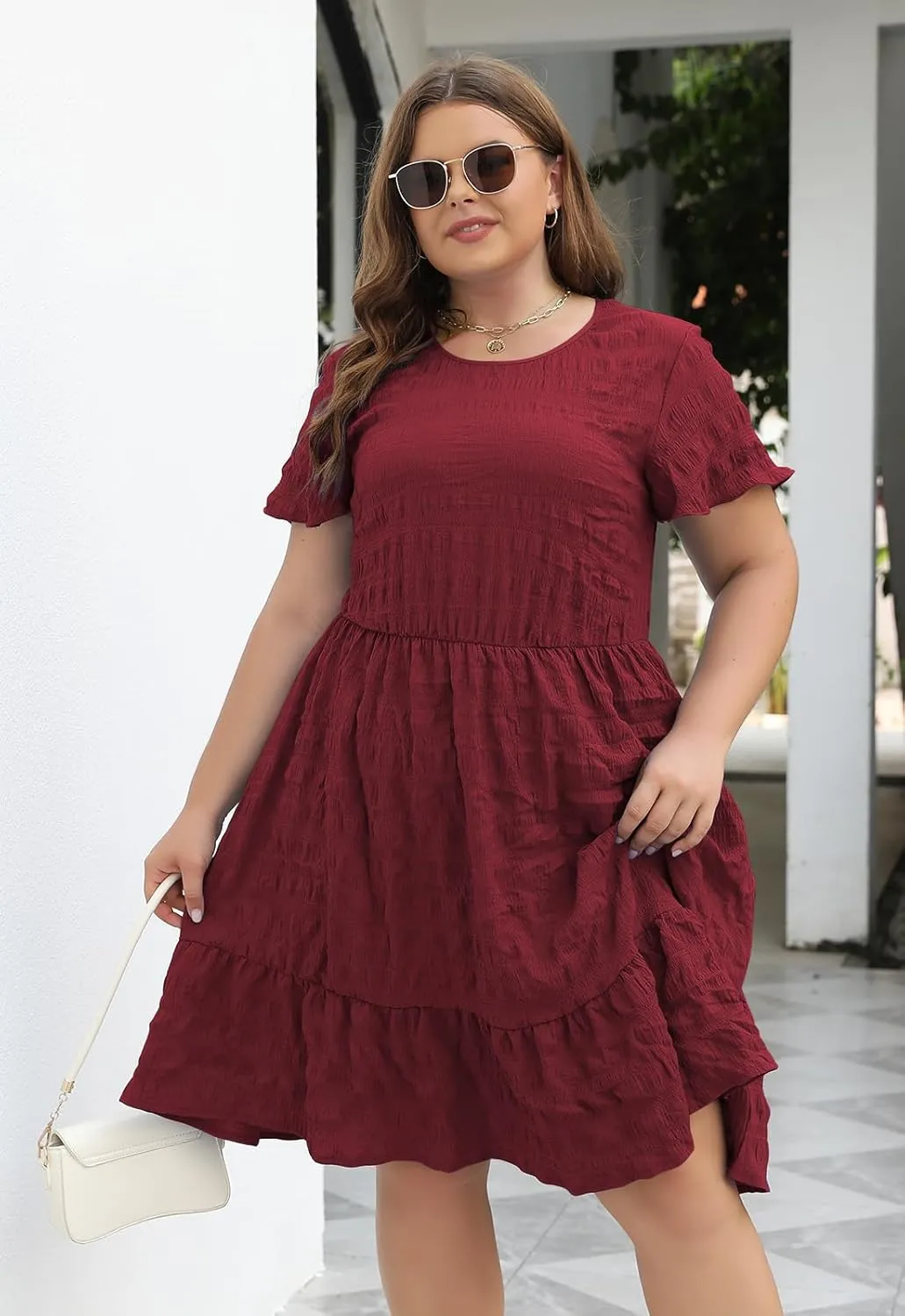 Celkuser Plus Size A-Line Casual Midi Dress for Curvy Women Round Neck Elastic Waist Swing Dress with Pockets Summer