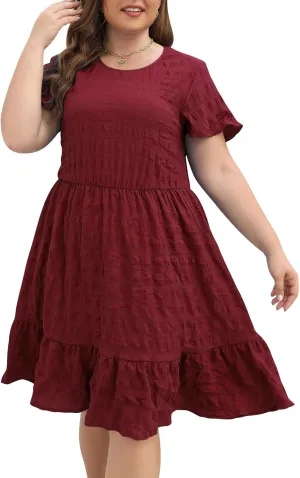 Celkuser Plus Size A-Line Casual Midi Dress for Curvy Women Round Neck Elastic Waist Swing Dress with Pockets Summer