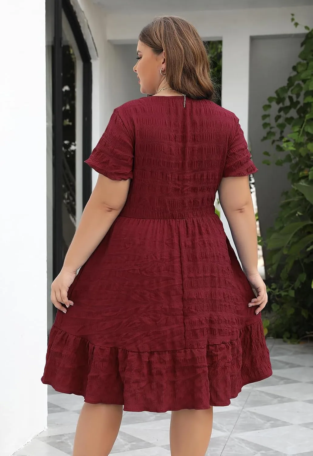 Celkuser Plus Size A-Line Casual Midi Dress for Curvy Women Round Neck Elastic Waist Swing Dress with Pockets Summer