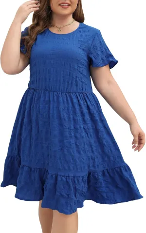Celkuser Plus Size A-Line Casual Midi Dress for Curvy Women Round Neck Elastic Waist Swing Dress with Pockets Summer