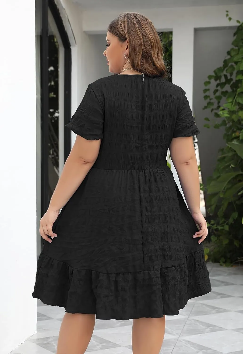 Celkuser Plus Size A-Line Casual Midi Dress for Curvy Women Round Neck Elastic Waist Swing Dress with Pockets Summer