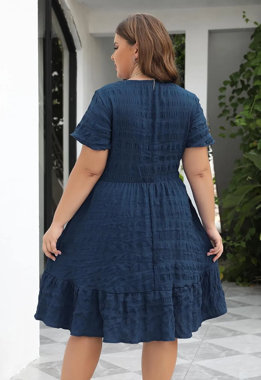 Celkuser Plus Size A-Line Casual Midi Dress for Curvy Women Round Neck Elastic Waist Swing Dress with Pockets Summer