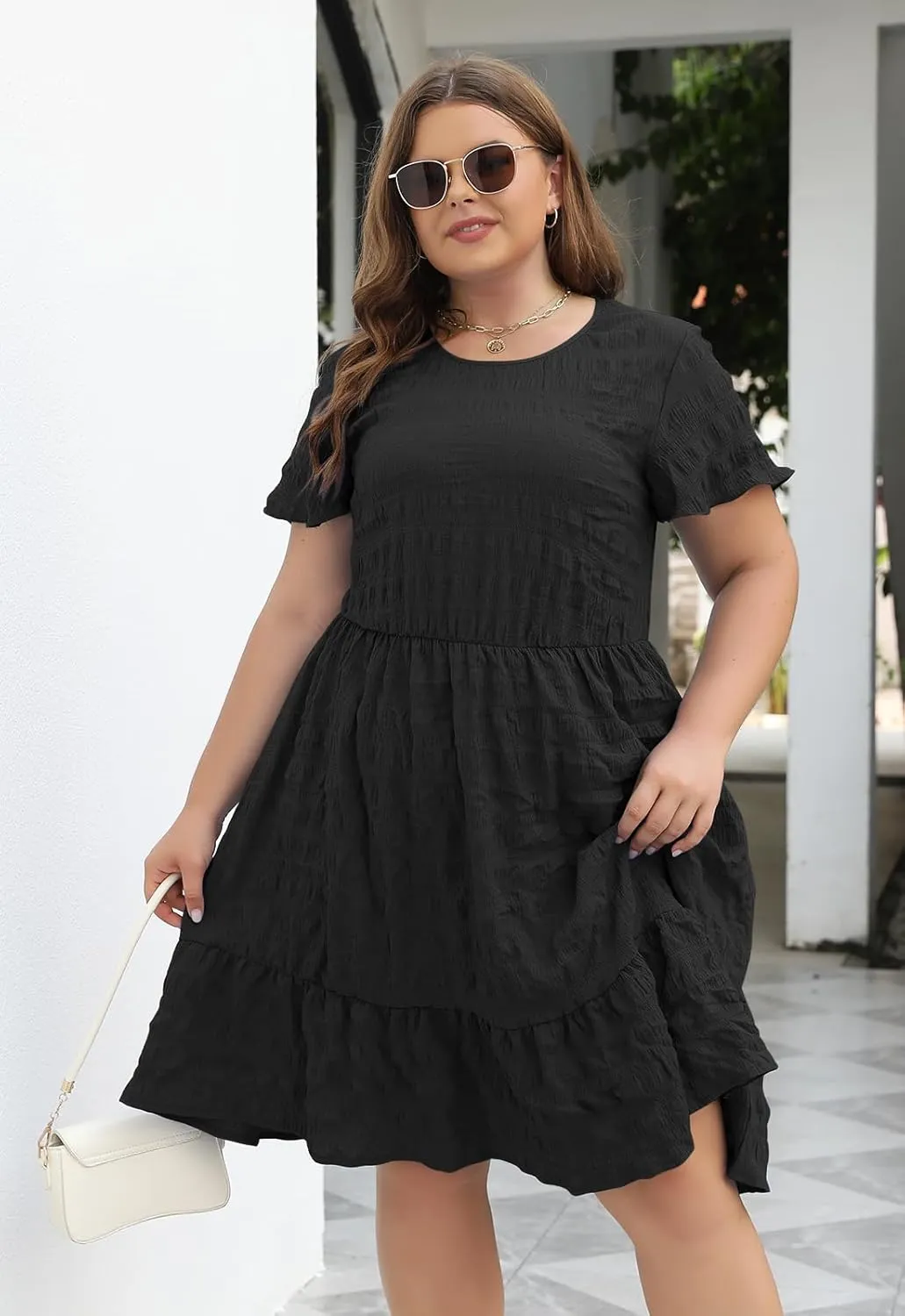 Celkuser Plus Size A-Line Casual Midi Dress for Curvy Women Round Neck Elastic Waist Swing Dress with Pockets Summer