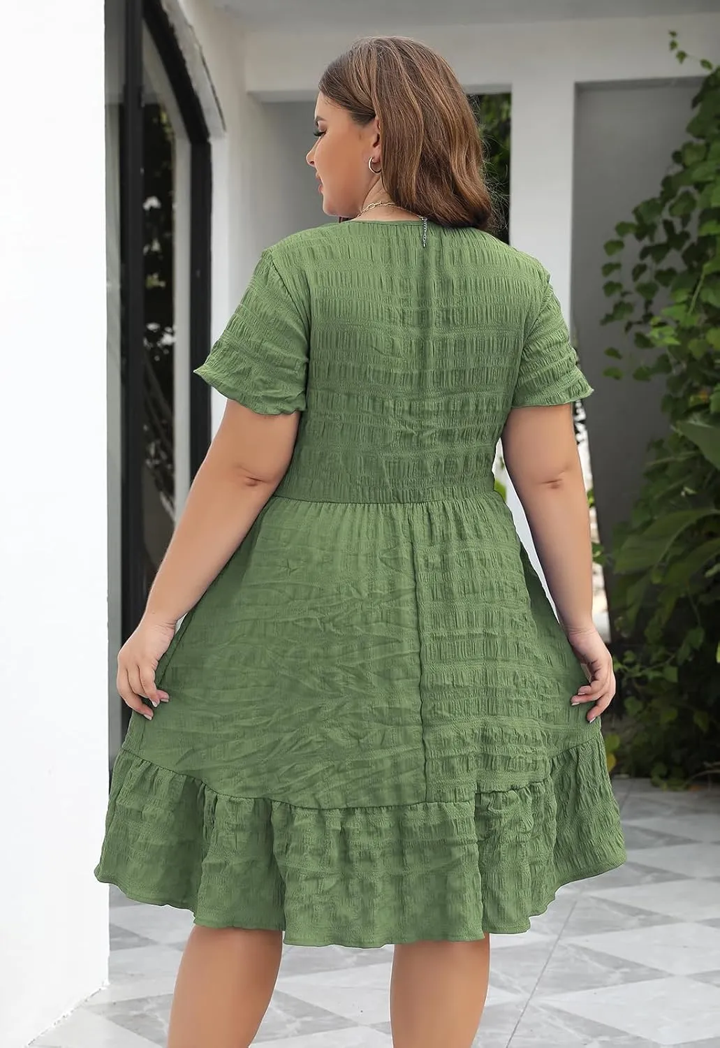 Celkuser Plus Size A-Line Casual Midi Dress for Curvy Women Round Neck Elastic Waist Swing Dress with Pockets Summer