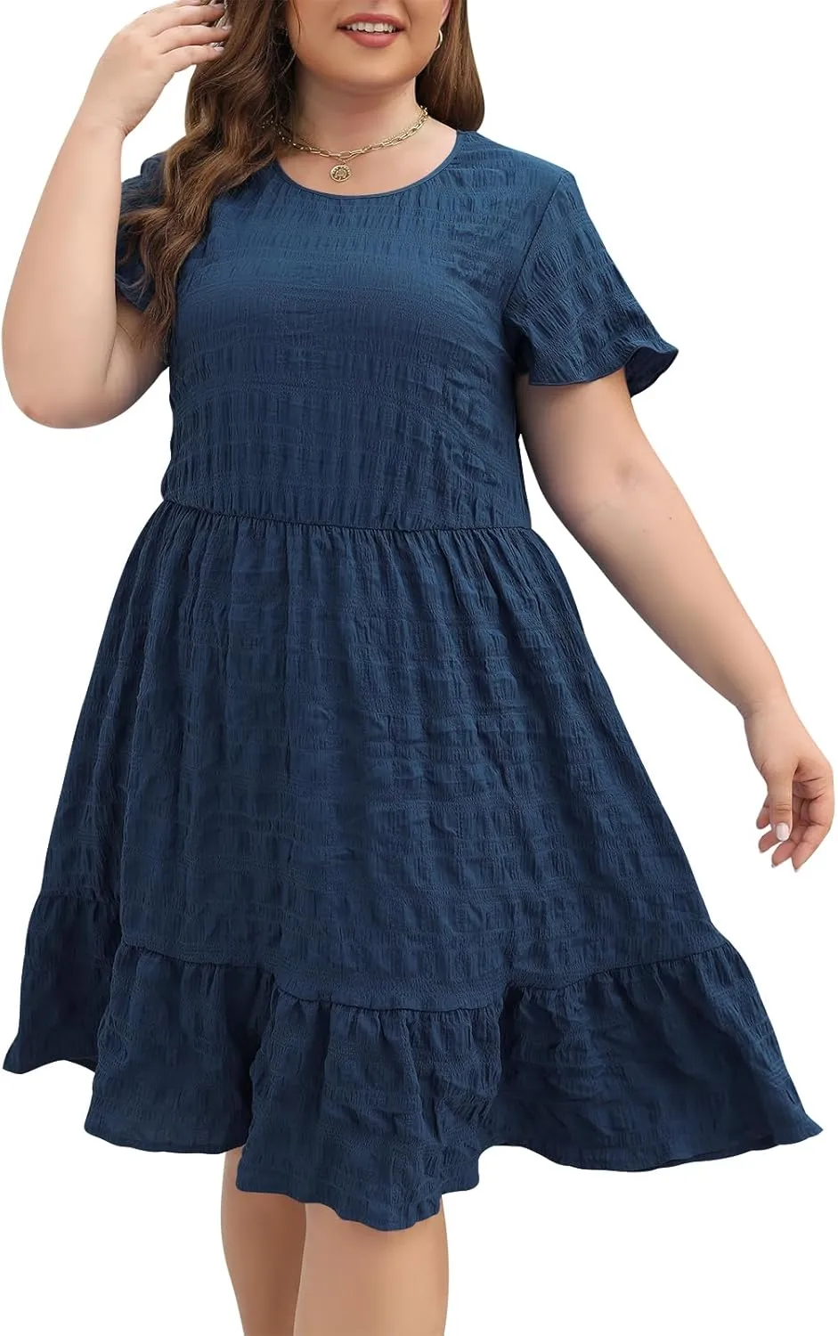 Celkuser Plus Size A-Line Casual Midi Dress for Curvy Women Round Neck Elastic Waist Swing Dress with Pockets Summer