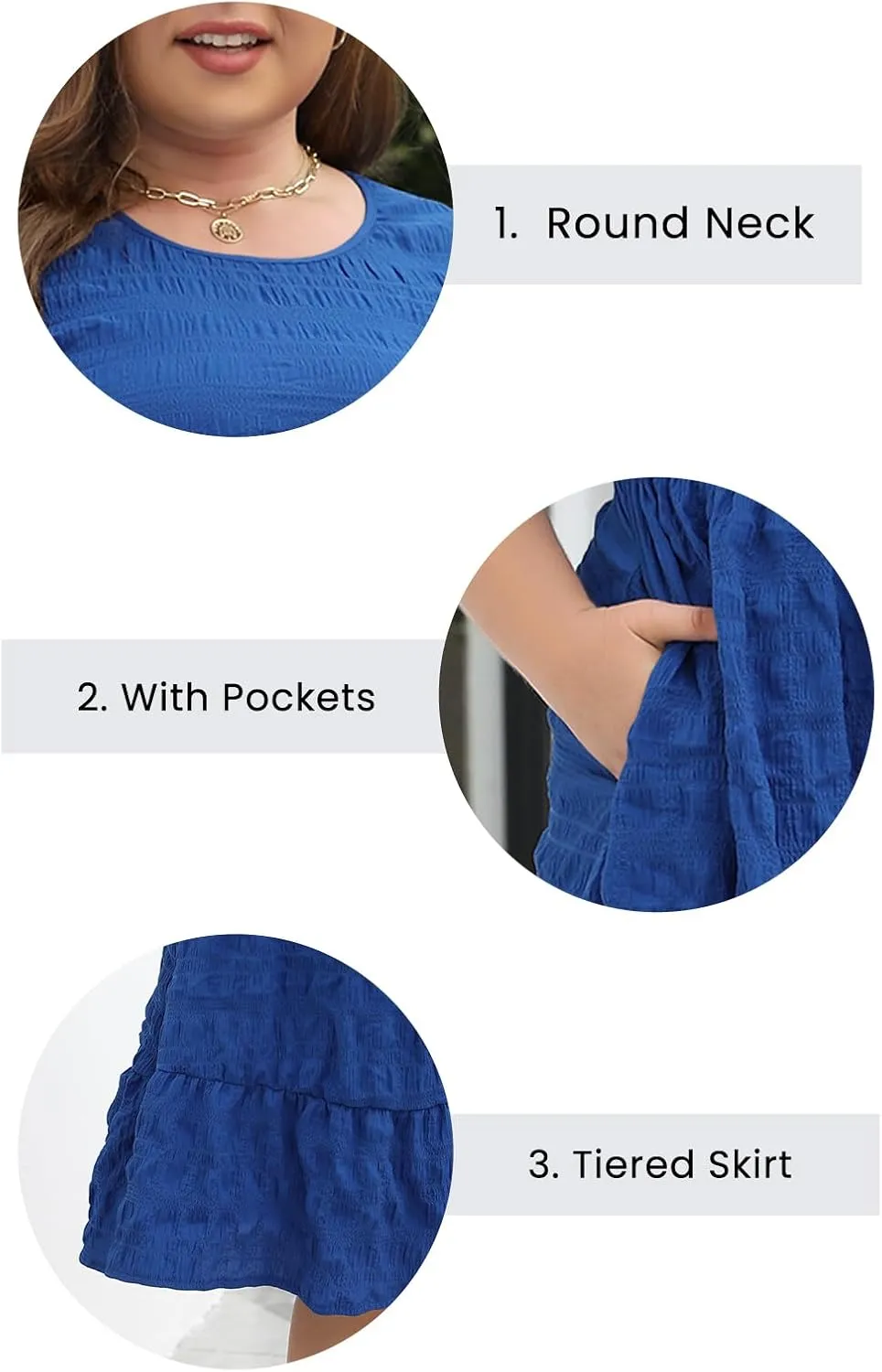 Celkuser Plus Size A-Line Casual Midi Dress for Curvy Women Round Neck Elastic Waist Swing Dress with Pockets Summer