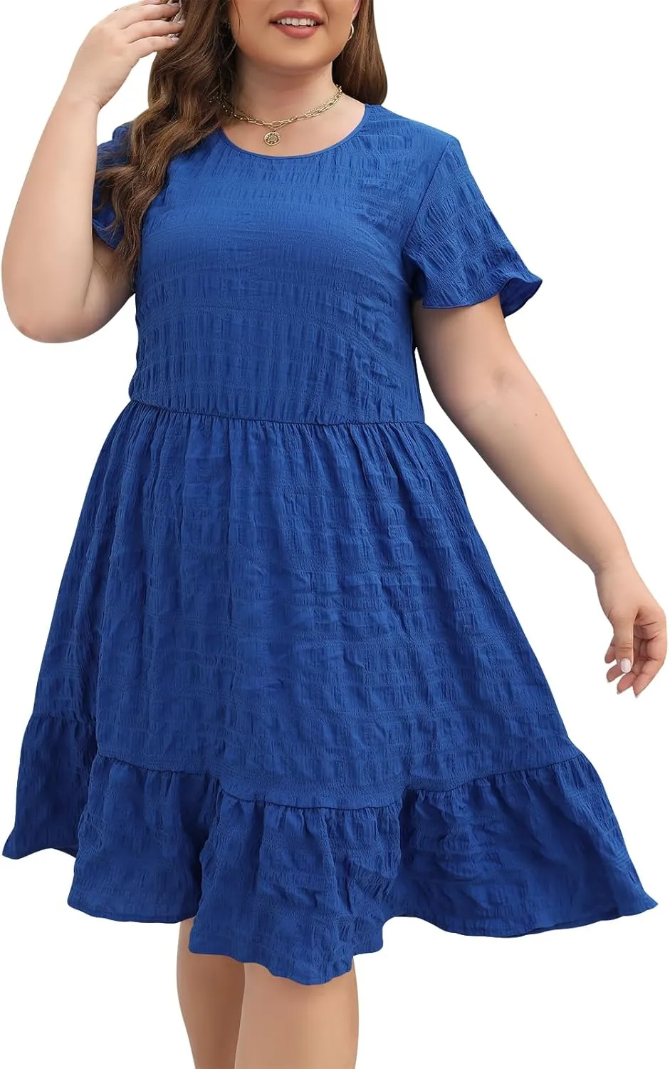 Celkuser Plus Size A-Line Casual Midi Dress for Curvy Women Round Neck Elastic Waist Swing Dress with Pockets Summer