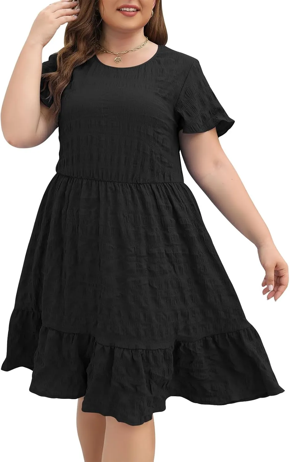 Celkuser Plus Size A-Line Casual Midi Dress for Curvy Women Round Neck Elastic Waist Swing Dress with Pockets Summer