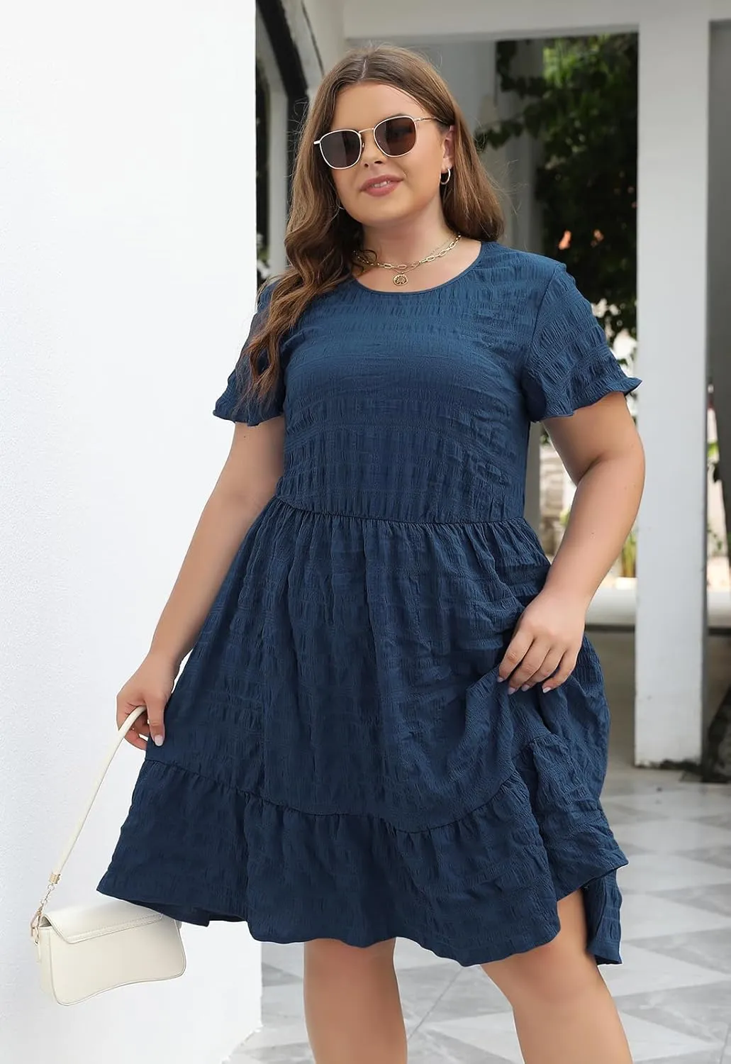 Celkuser Plus Size A-Line Casual Midi Dress for Curvy Women Round Neck Elastic Waist Swing Dress with Pockets Summer