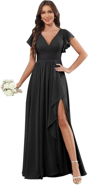 Chiffon Ruffle Sleeve Bridesmaid Dresses for Women Long Ruched A-Line Formal Evening Wedding Guest Dress with Slit