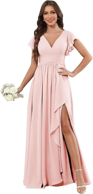 Chiffon Ruffle Sleeve Bridesmaid Dresses for Women Long Ruched A-Line Formal Evening Wedding Guest Dress with Slit
