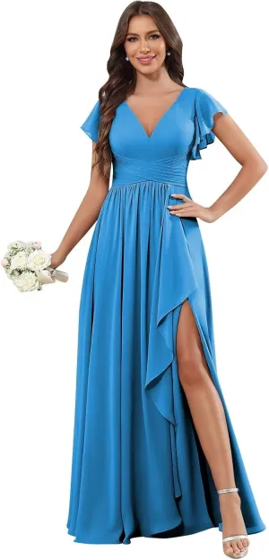 Chiffon Ruffle Sleeve Bridesmaid Dresses for Women Long Ruched A-Line Formal Evening Wedding Guest Dress with Slit