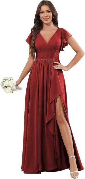 Chiffon Ruffle Sleeve Bridesmaid Dresses for Women Long Ruched A-Line Formal Evening Wedding Guest Dress with Slit