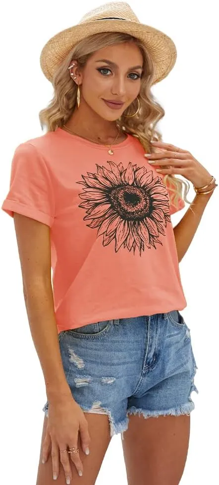 Cicy Bell Women's T Shirts Short Sleeve Tees Sunflower Graphic Loose Summer Tops