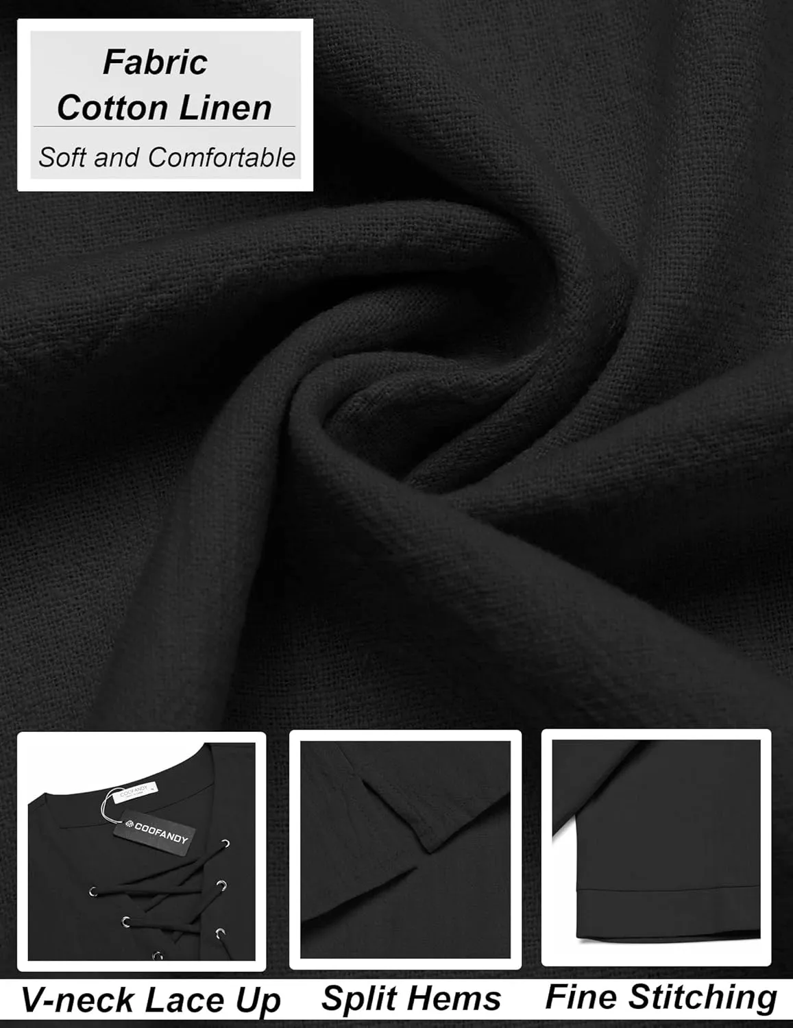 COOFANDY Men Linen Cotton Shirt Beach Lace Up V Neck Shirts Hippie Viking Meditation Tunic