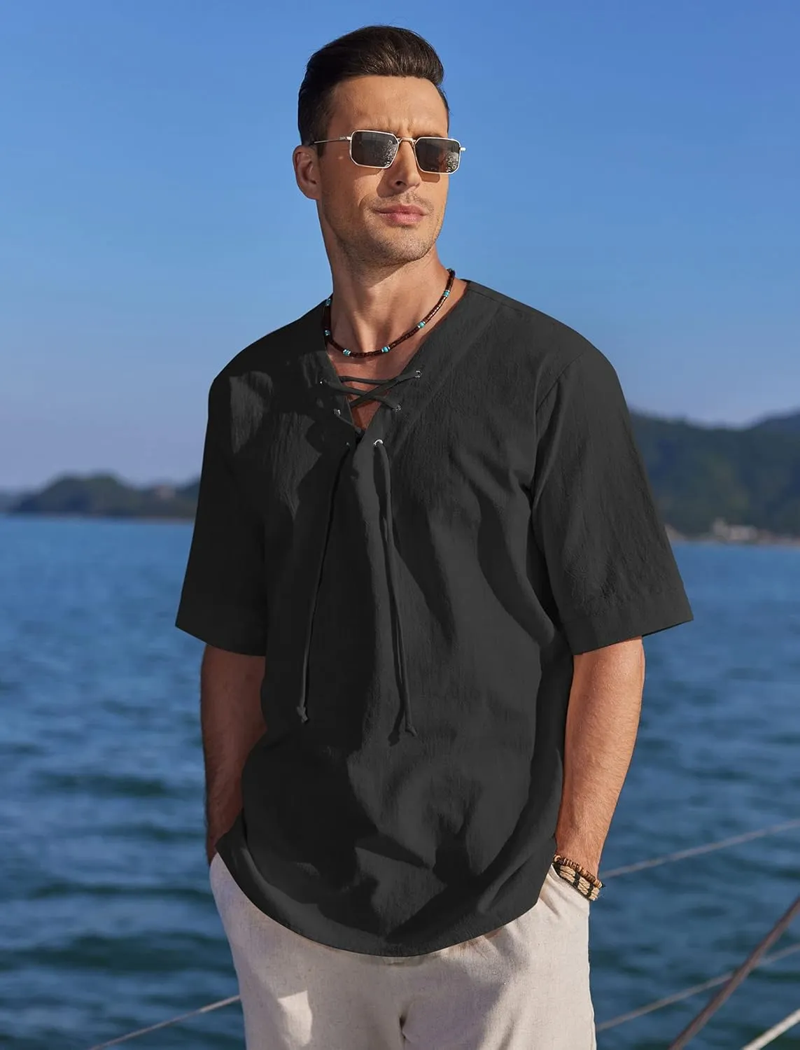 COOFANDY Men Linen Cotton Shirt Beach Lace Up V Neck Shirts Hippie Viking Meditation Tunic