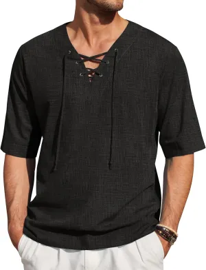 COOFANDY Men Linen Cotton Shirt Beach Lace Up V Neck Shirts Hippie Viking Meditation Tunic