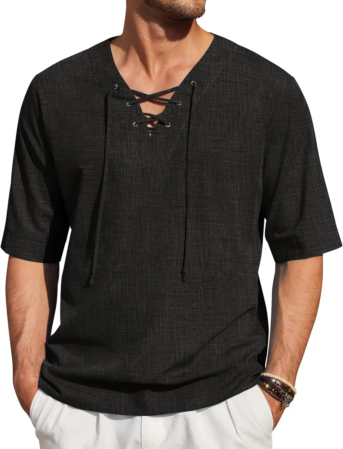 COOFANDY Men Linen Cotton Shirt Beach Lace Up V Neck Shirts Hippie Viking Meditation Tunic