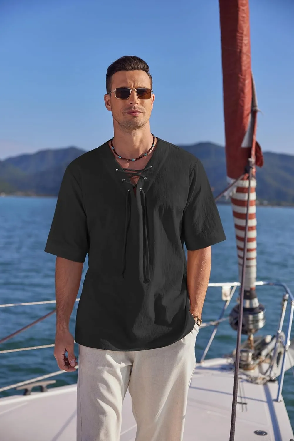 COOFANDY Men Linen Cotton Shirt Beach Lace Up V Neck Shirts Hippie Viking Meditation Tunic